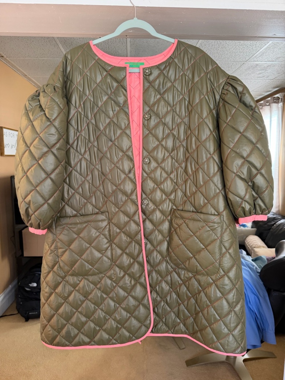 Clare V Olive Quilted Coat with Pink Trim - Picture 2 of 10
